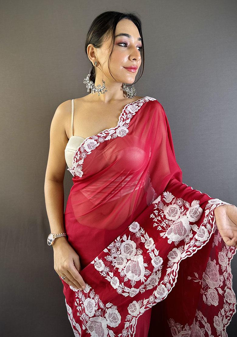 Red Embroidery Polyster Saree Set - Indya