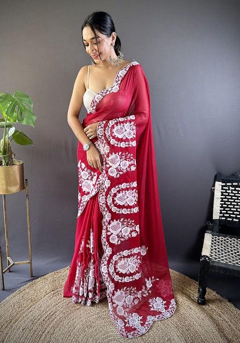 Red Embroidery Polyster Saree Set