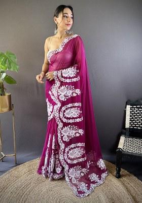 Wine Embroidery Polyster Saree Set