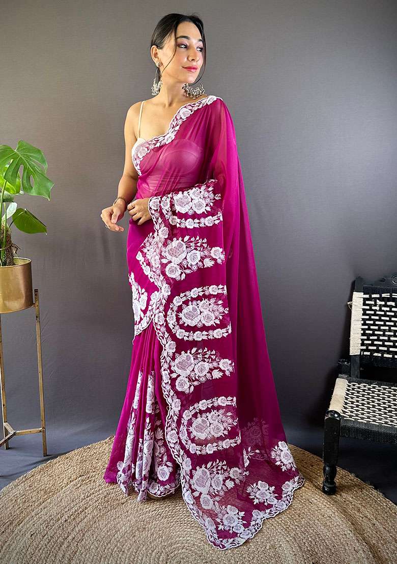 Wine Polyster Saree Set with Embroidery for Diwali | Wedding & Festive Wear - Indya