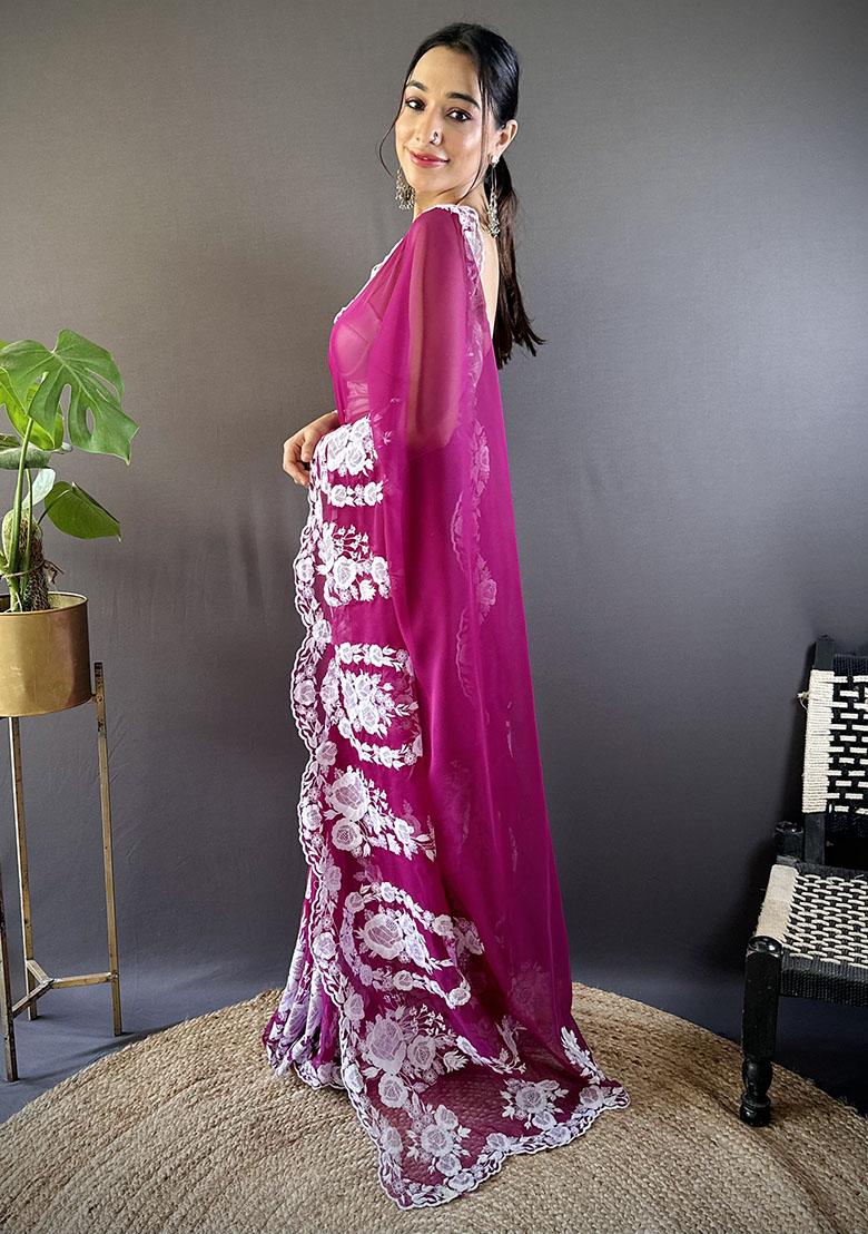 Wine Embroidery Polyster Saree Set - Indya