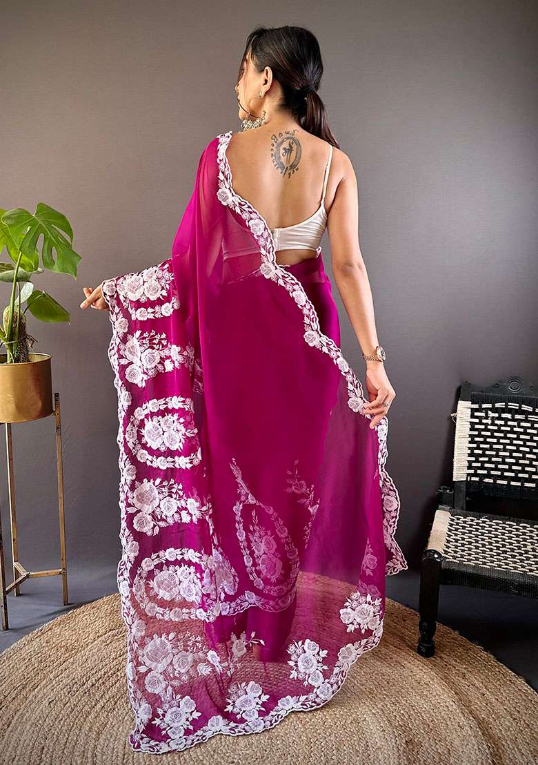 Wine Polyster Saree Set with Embroidery for Diwali | Wedding & Festive Wear - Indya