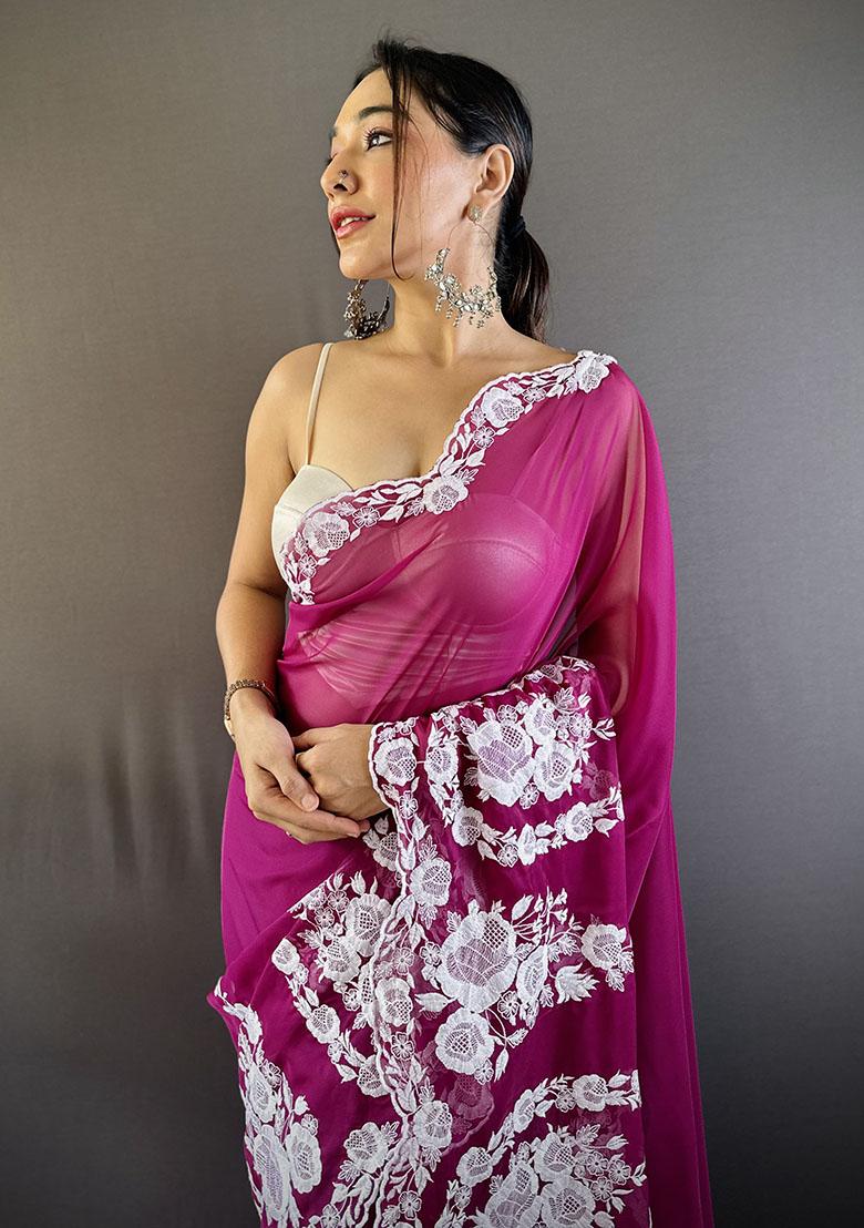 Wine Embroidery Polyster Saree Set - Indya