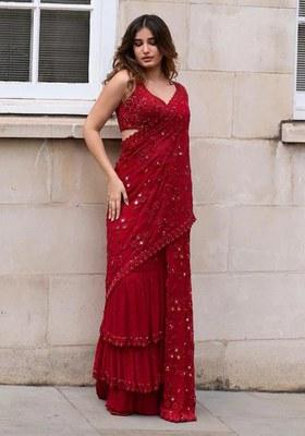 Red Embroidery Polyster Saree Set