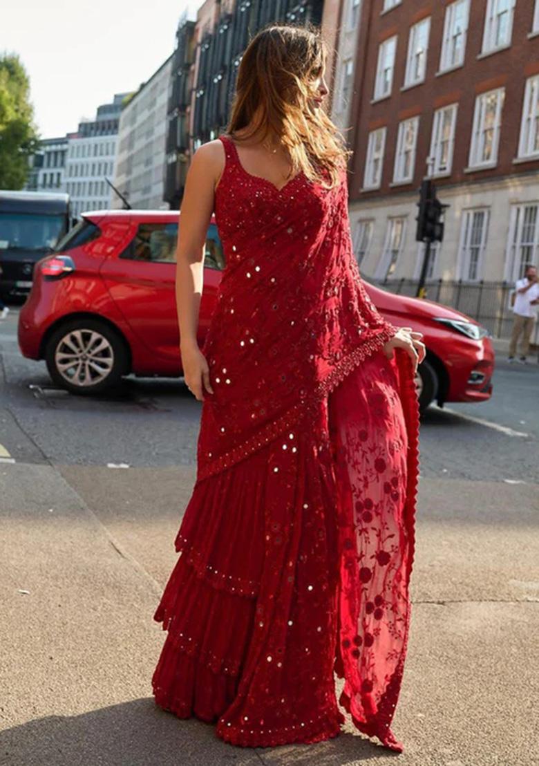 Red Embroidery Polyster Saree Set - Indya