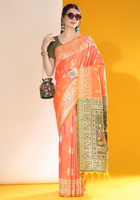 Orange Motif Silk Saree Set