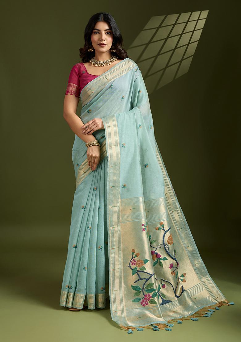 Aqua Blue Motif Silk Saree Set - Indya