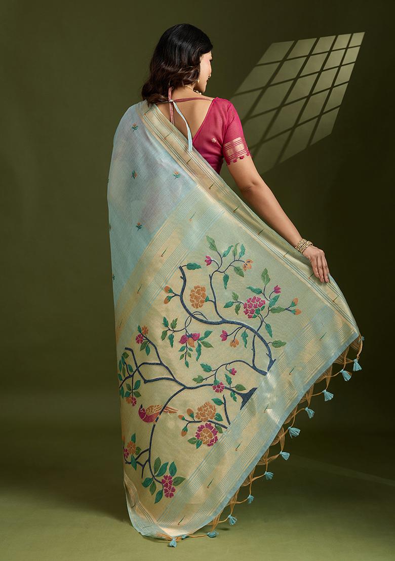 Aqua Blue Motif Silk Saree Set - Indya