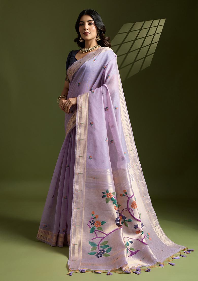 Lavender Motif Silk Saree Set - Indya