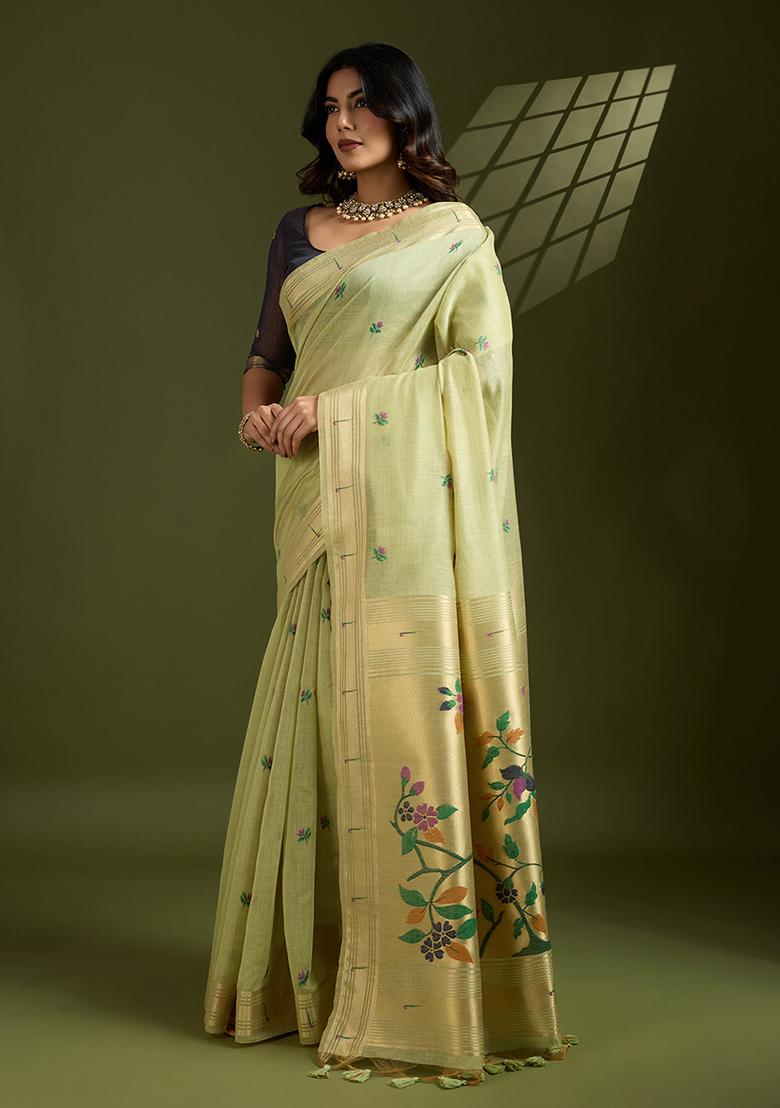 Light Green Motif Silk Saree Set - Indya
