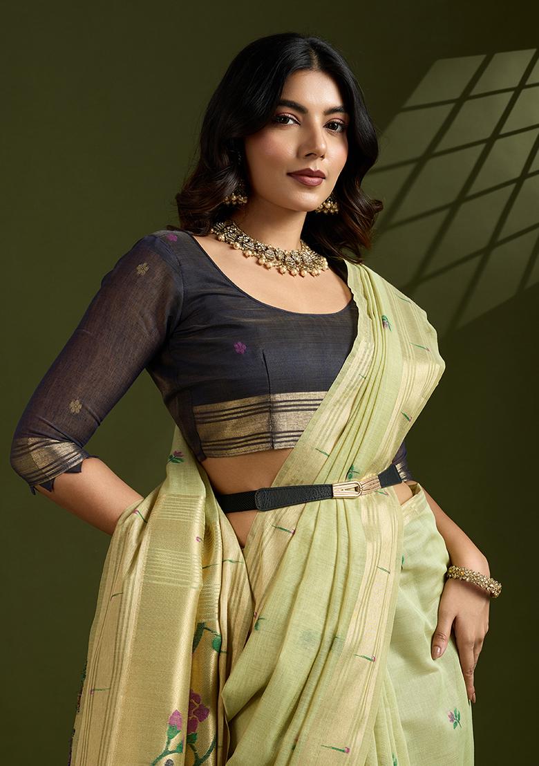 Light Green Motif Silk Saree Set - Indya