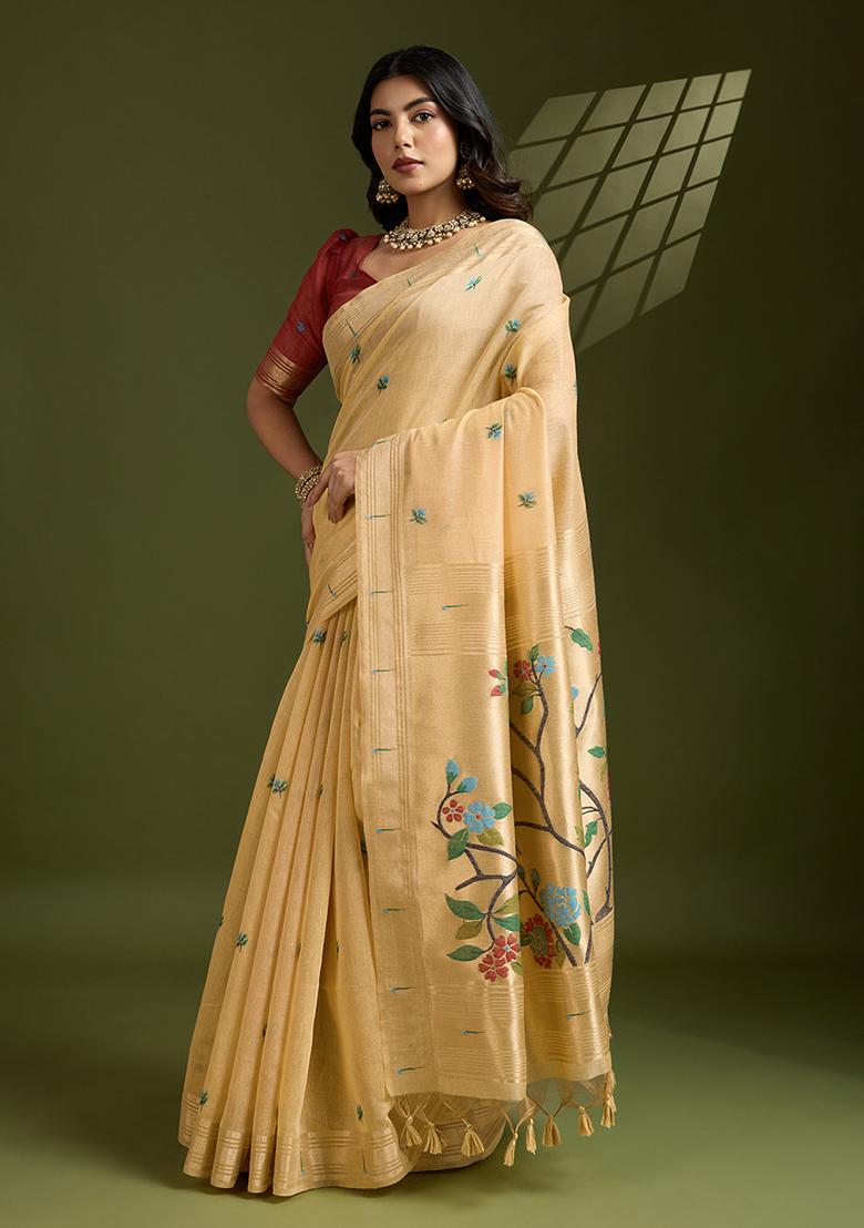 Yellow Motif Silk Saree Set - Indya