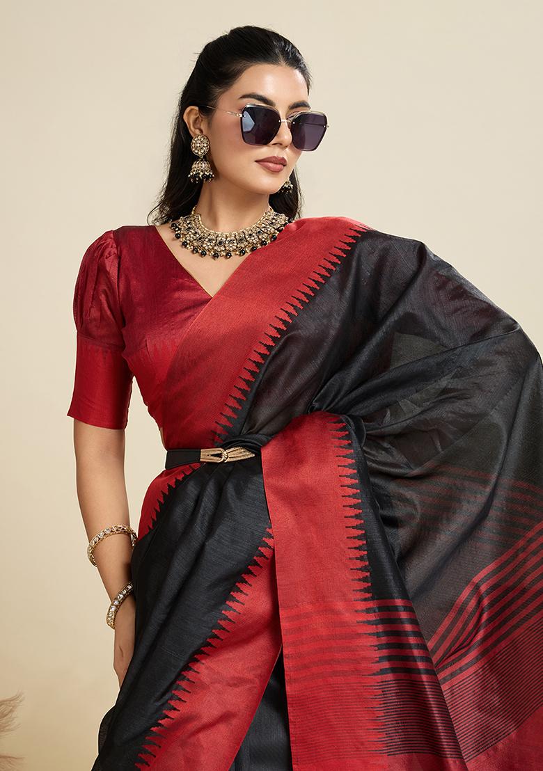 Black Motif Silk Saree Set - Indya