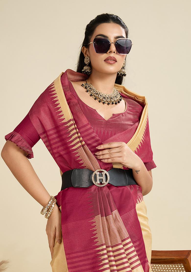 Beige Motif Silk Saree Set - Indya