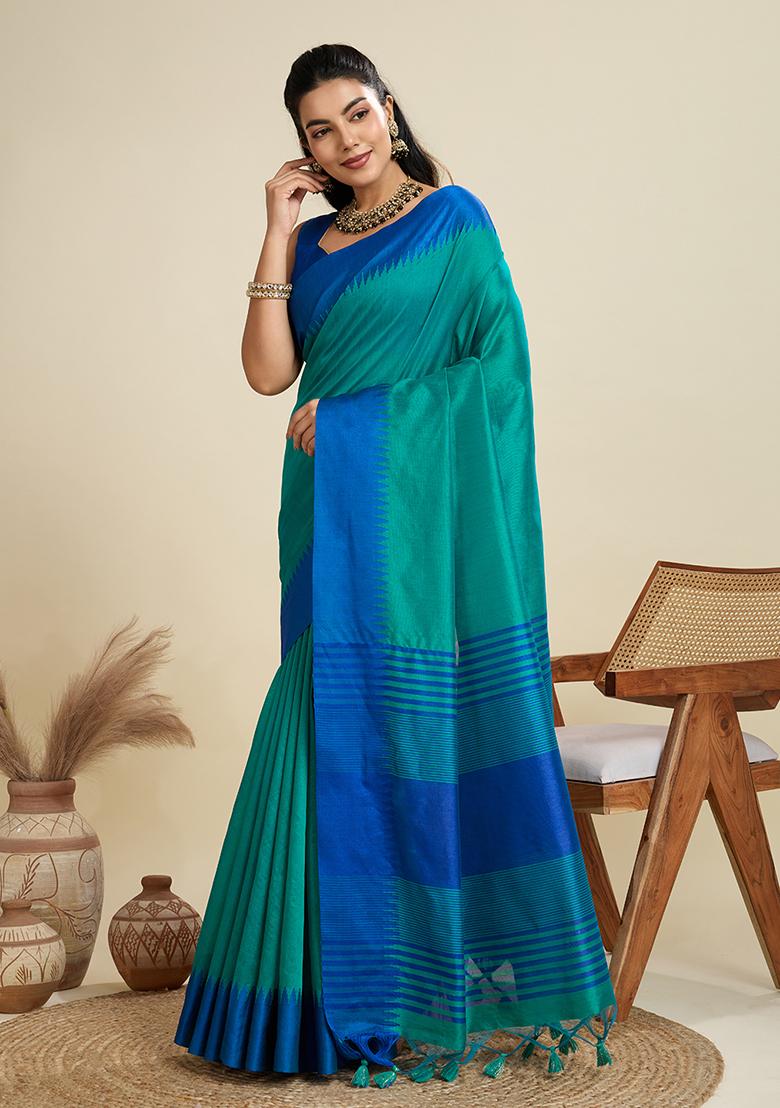 Aqua Blue Motif Silk Saree Set - Indya