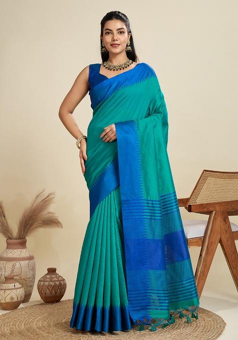 Aqua Blue Motif Silk Saree Set