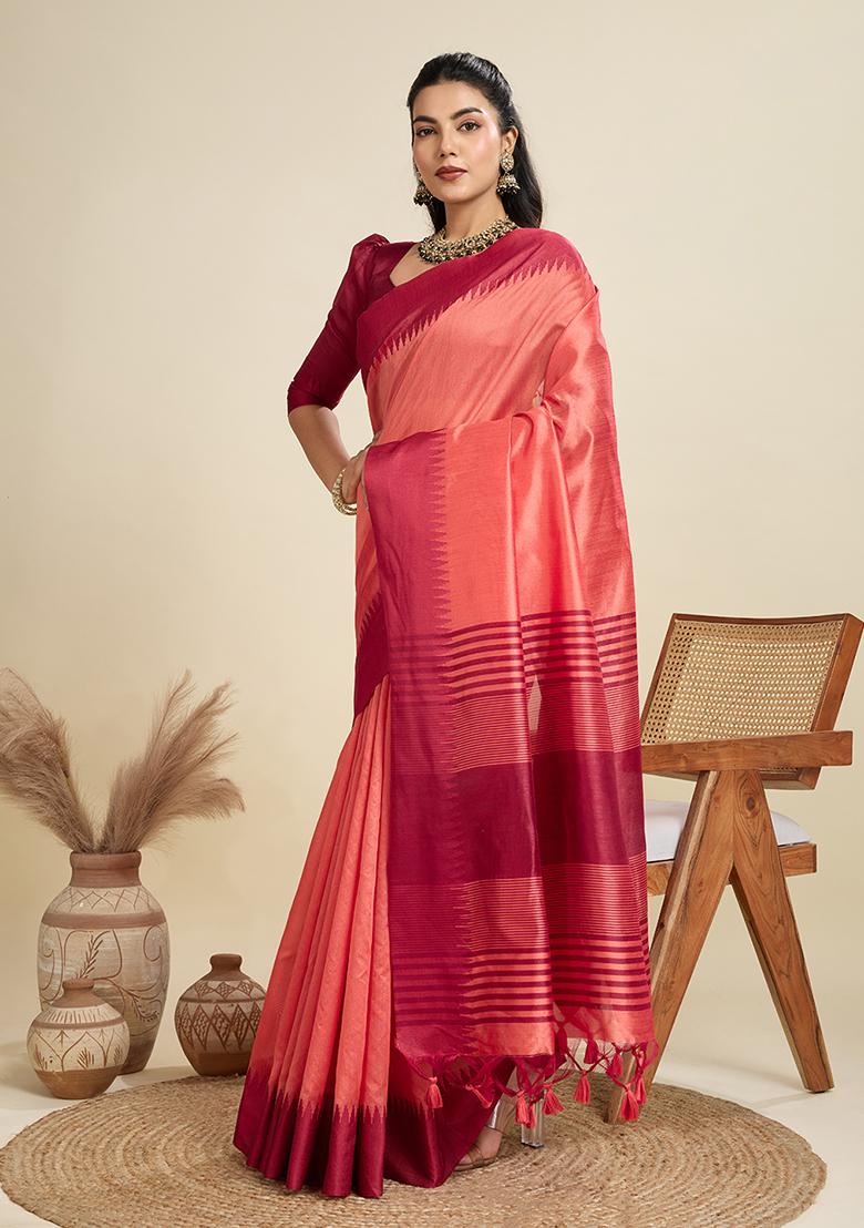 Peach Motif Silk Saree Set - Indya
