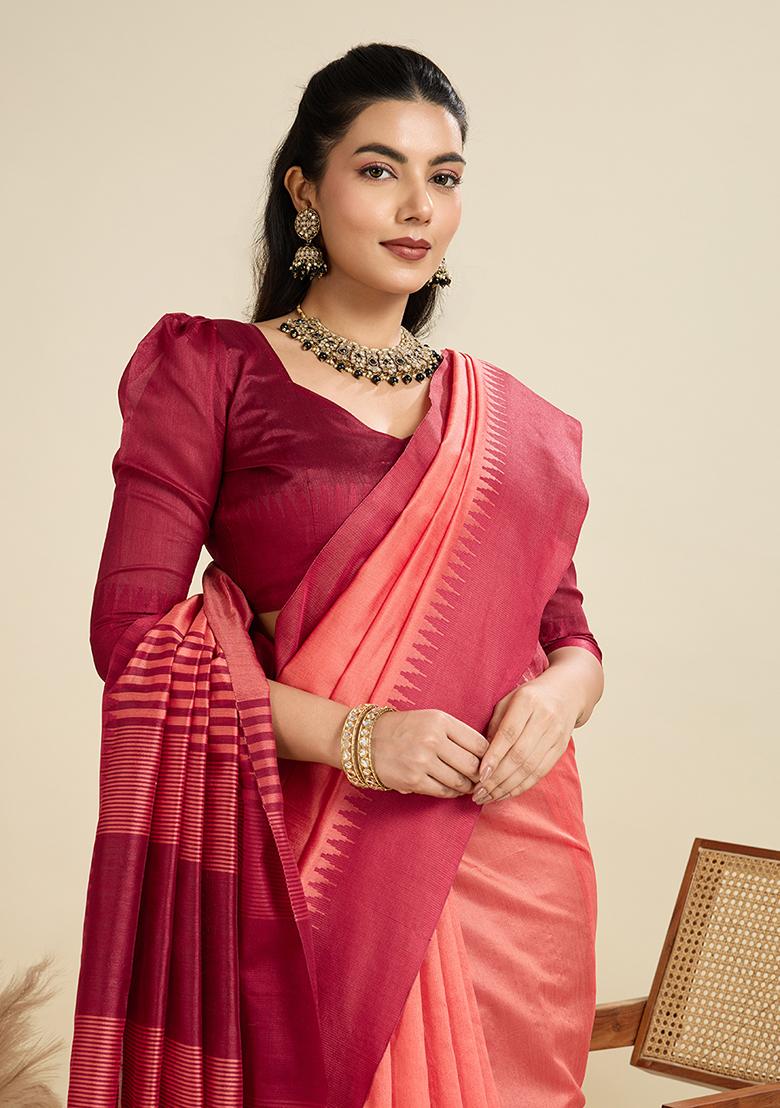 Peach Motif Silk Saree Set - Indya