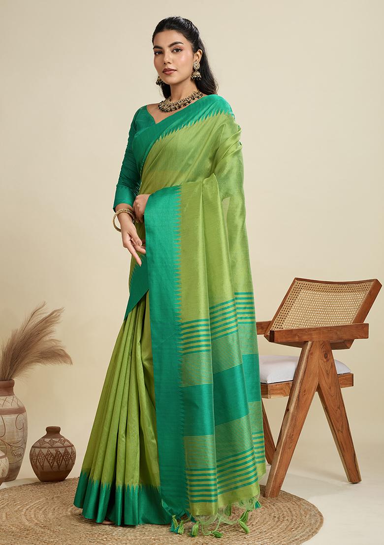 Parrot Green Motif Silk Saree Set - Indya