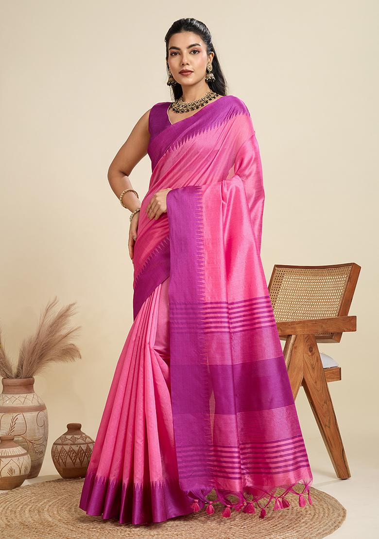 Pink Motif Silk Saree Set - Indya