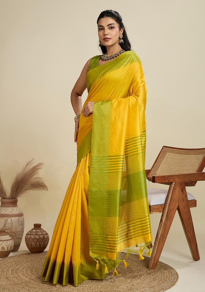 Yellow Motif Silk Saree Set - Indya