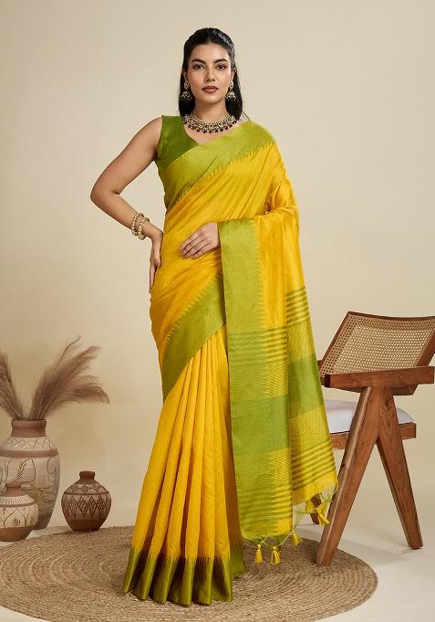 Yellow Motif Silk Saree Set