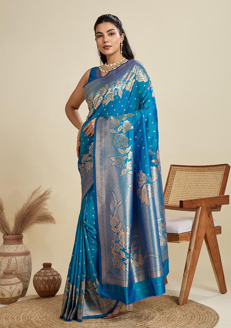 Aqua Blue Motif Silk Saree Set - Indya