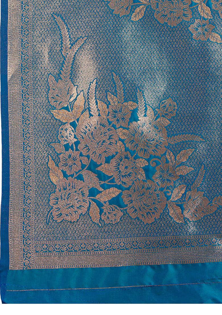 Aqua Blue Motif Silk Saree Set - Indya