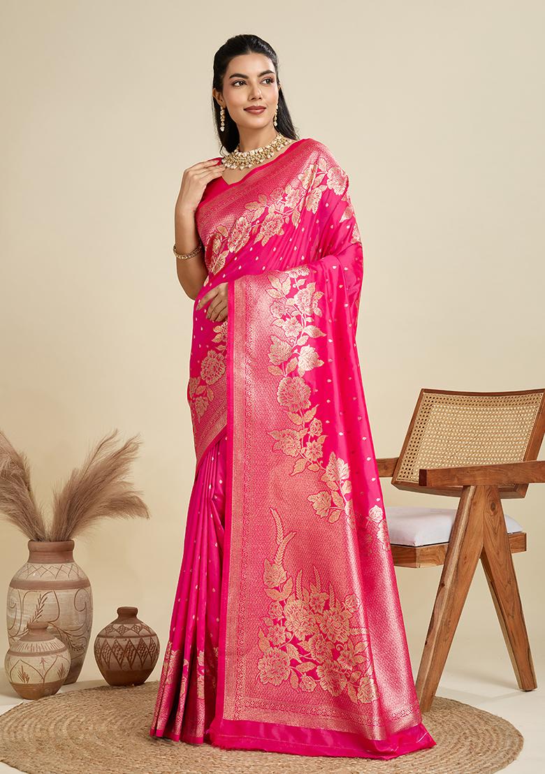 Pink Motif Silk Saree Set - Indya