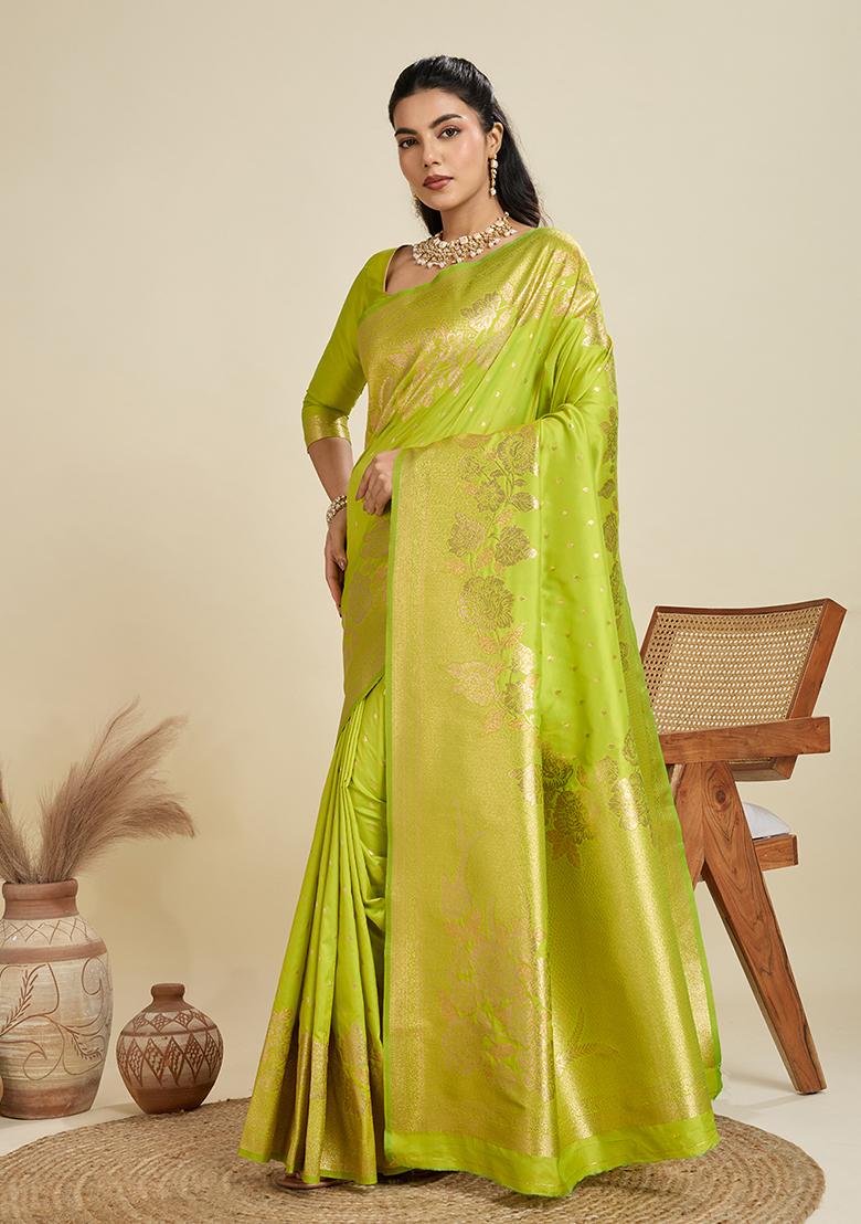 Light Green Motif Silk Saree Set - Indya