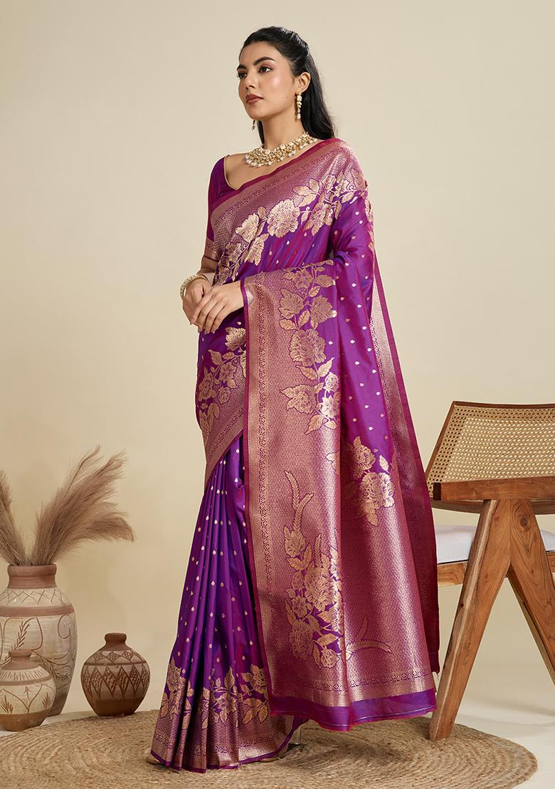 Purple Motif Silk Saree Set - Indya