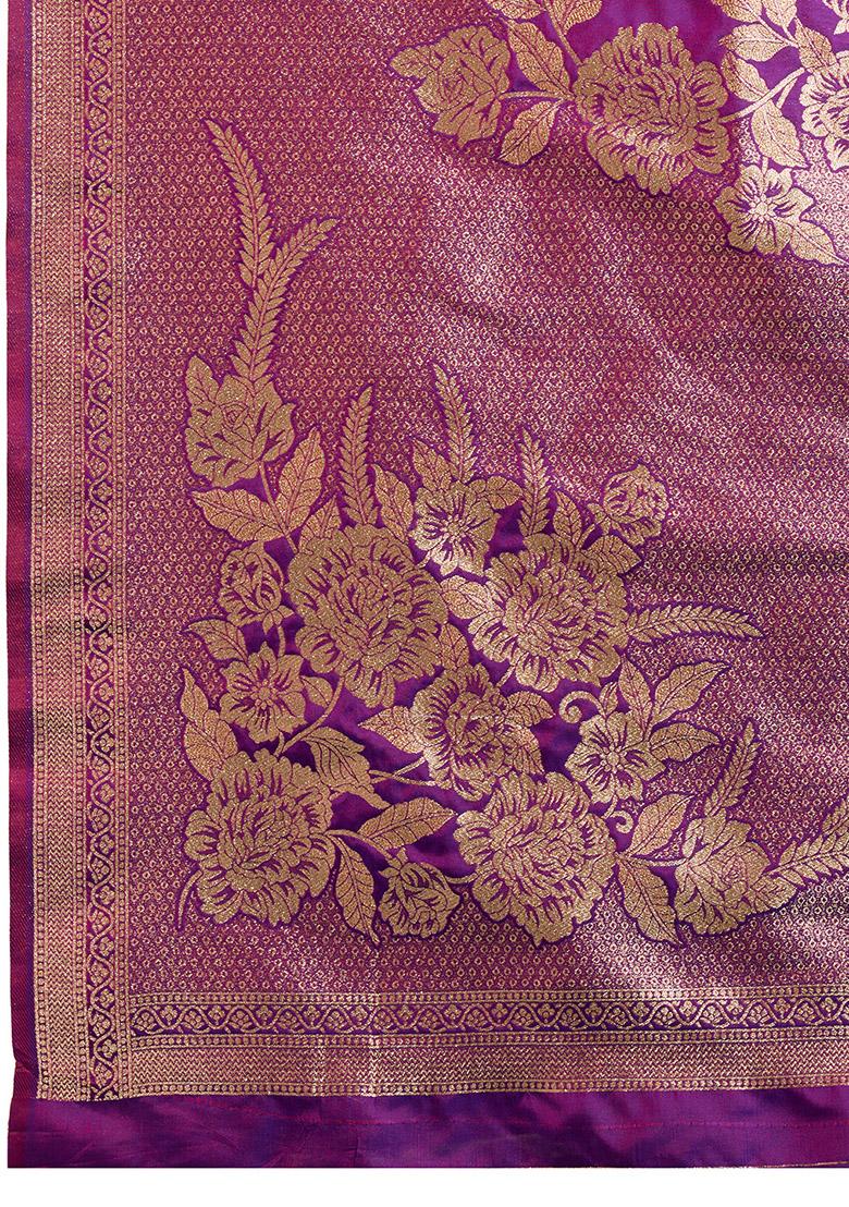 Purple Motif Silk Saree Set - Indya