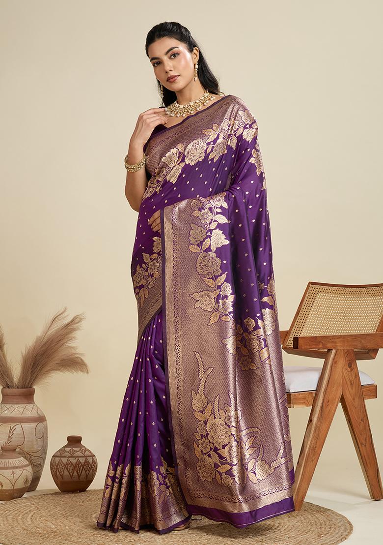 Magenta Motif Silk Saree Set - Indya