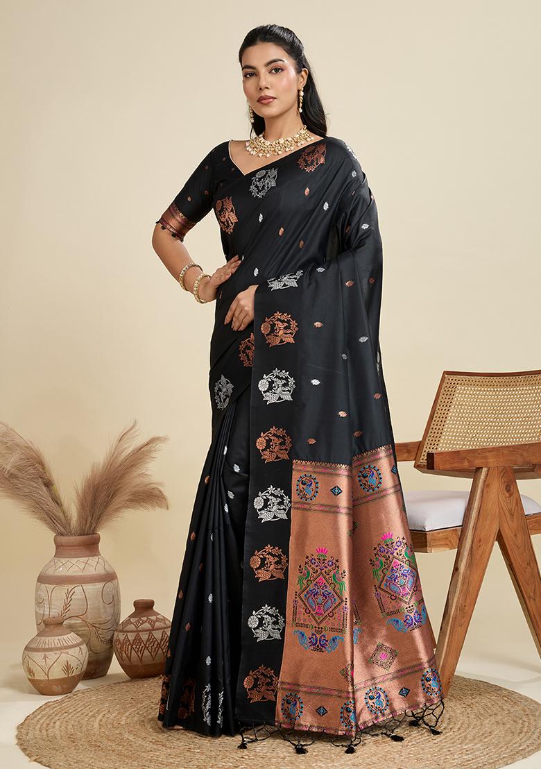 Black Motif Silk Saree Set - Indya