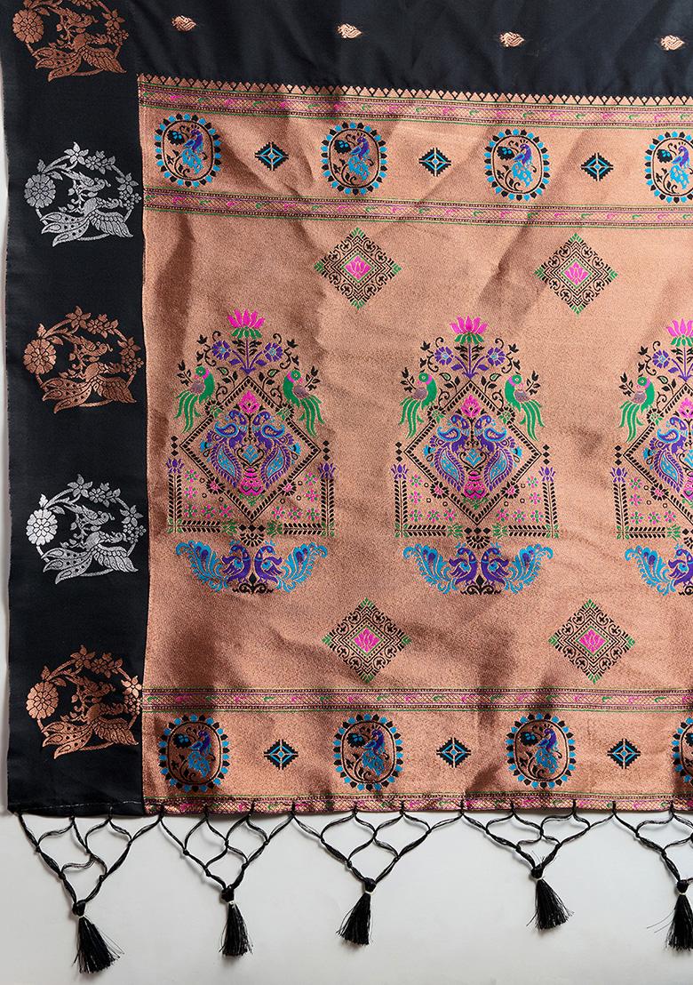 Black Motif Silk Saree Set - Indya