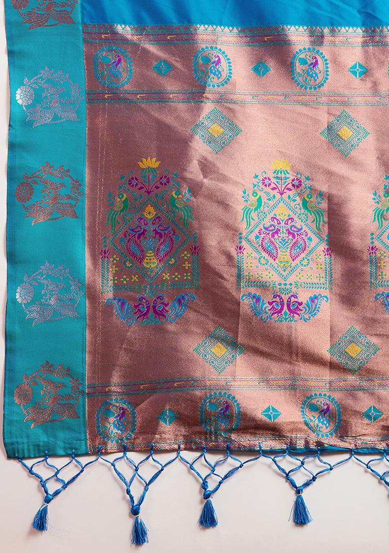 Aqua Blue Motif Silk Saree Set - Indya