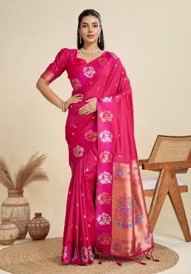 Magenta Motif Silk Saree Set