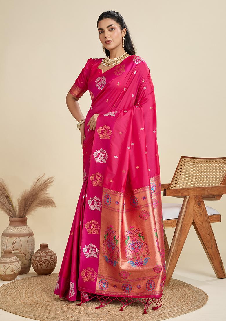Magenta Motif Silk Saree Set - Indya