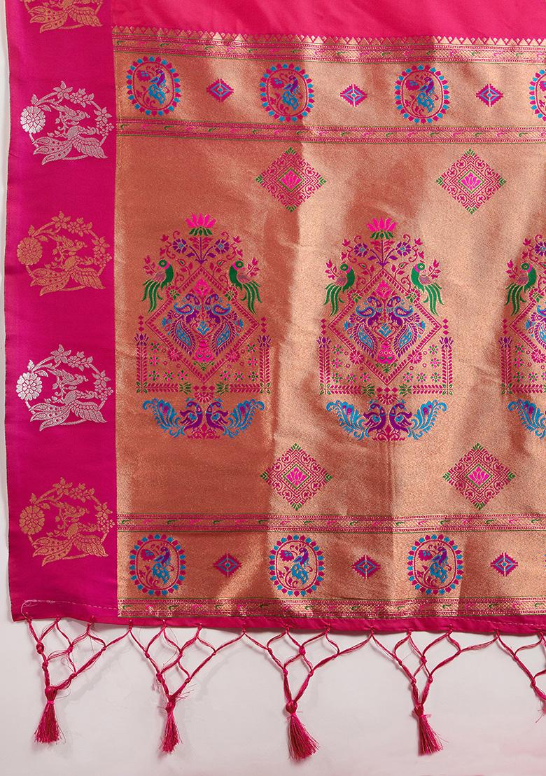 Magenta Motif Silk Saree Set - Indya
