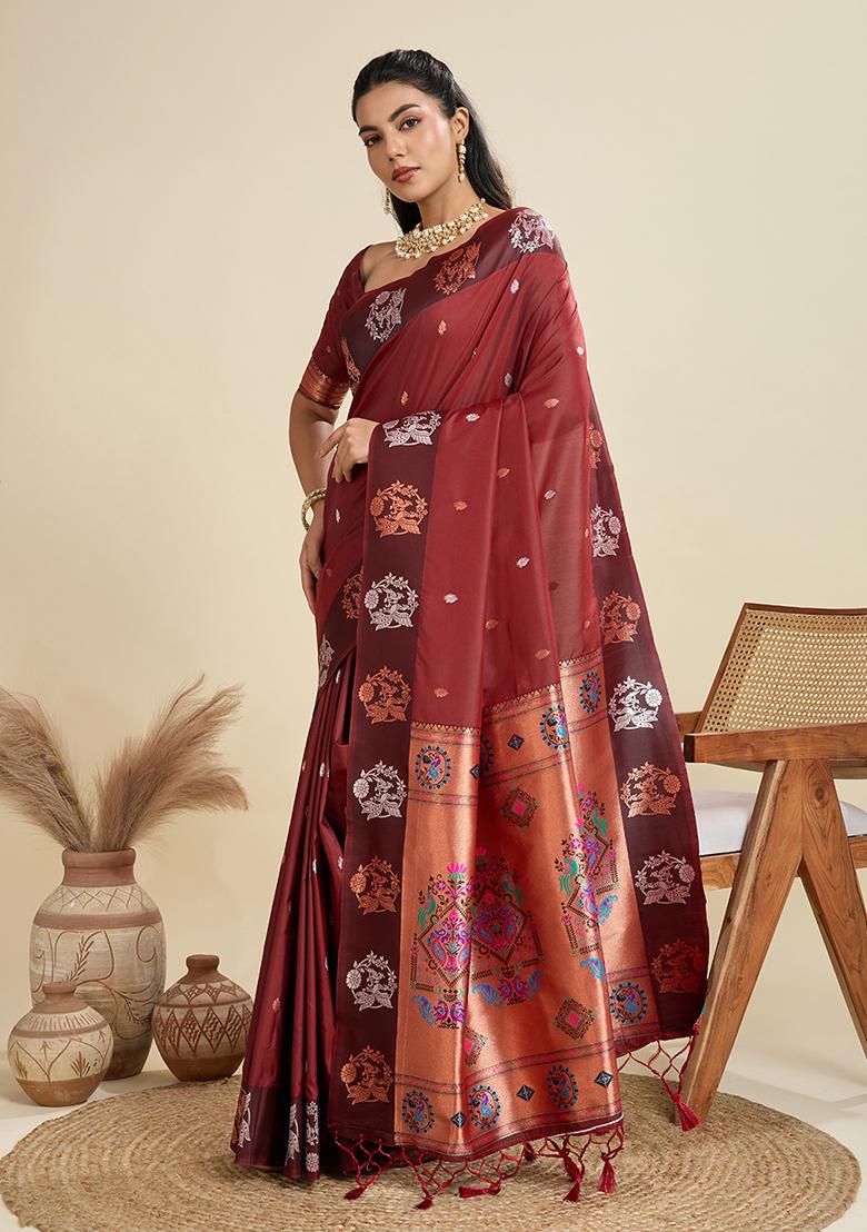 Maroon Motif Silk Saree Set - Indya