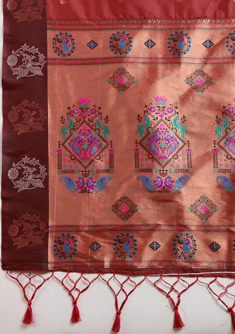 Maroon Motif Silk Saree Set - Indya