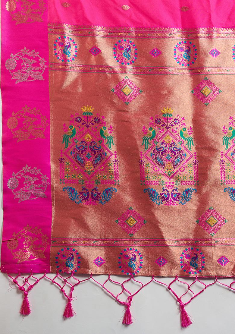 Pink Motif Silk Saree Set - Indya