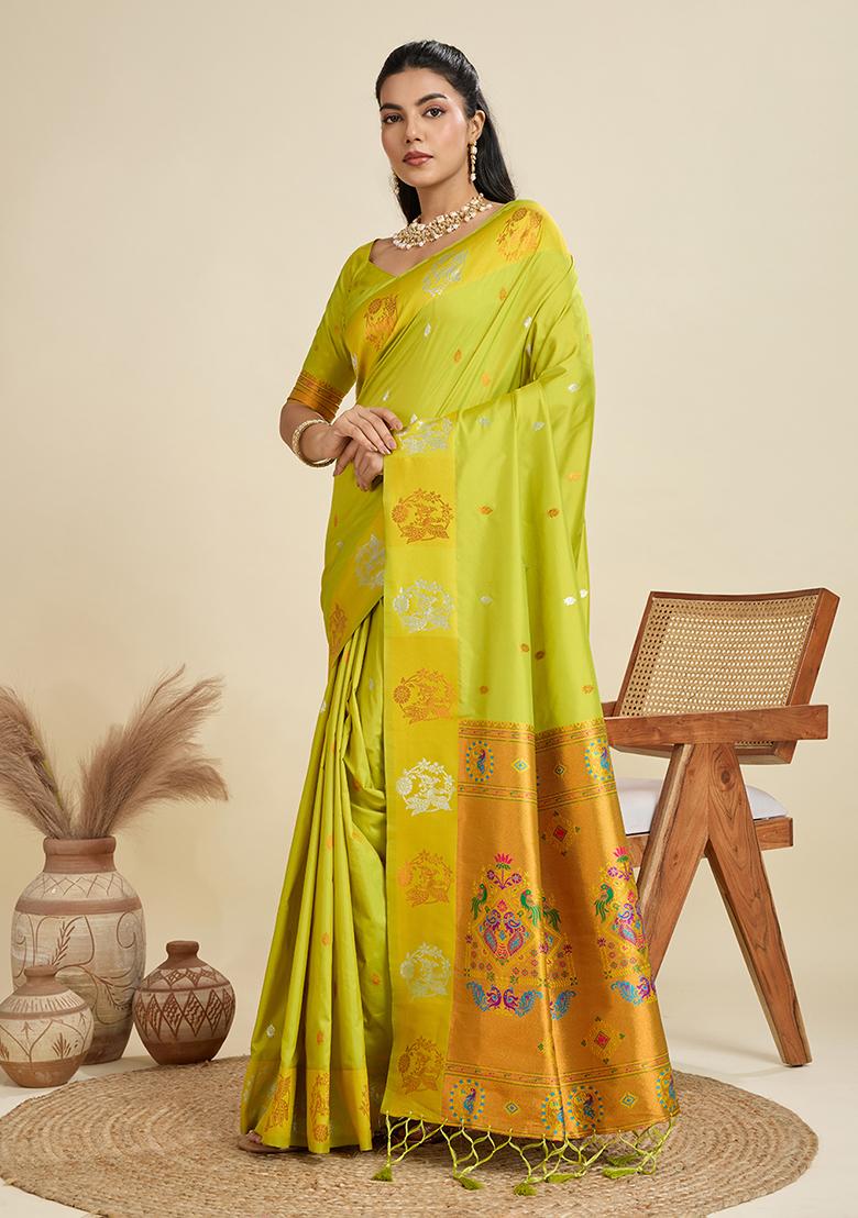 Light Green Motif Silk Saree Set - Indya