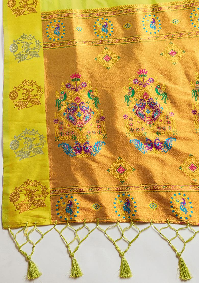 Light Green Motif Silk Saree Set - Indya