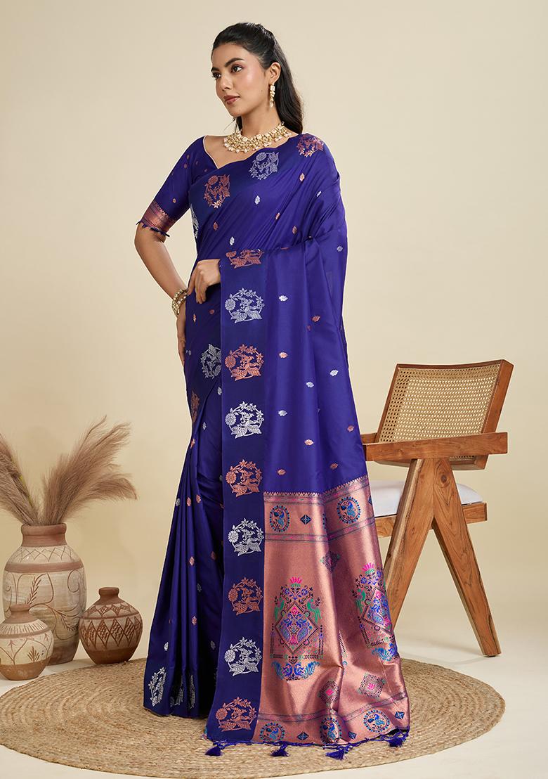Royal Blue Motif Silk Saree Set - Indya