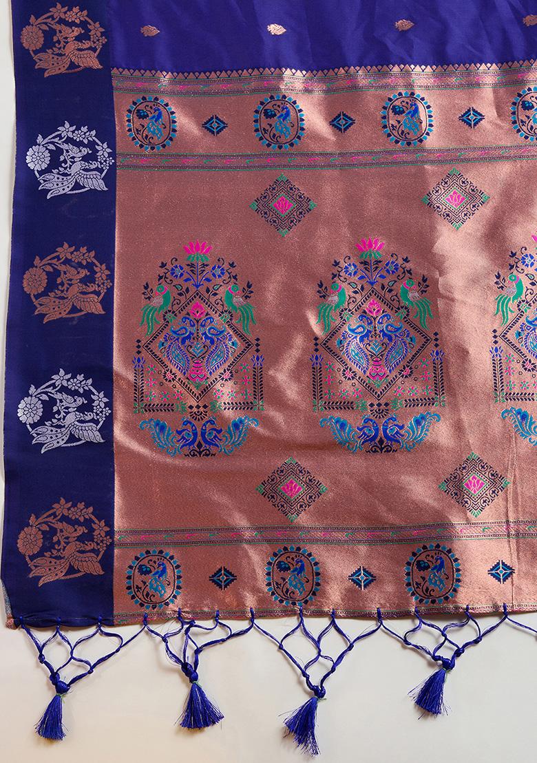 Royal Blue Motif Silk Saree Set - Indya