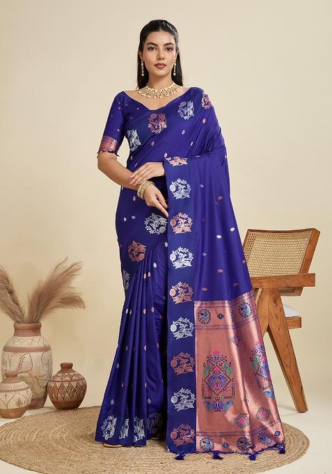 Royal Blue Motif Silk Saree Set