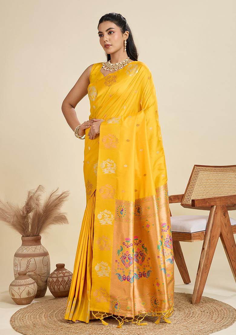 Yellow Motif Silk Saree Set - Indya