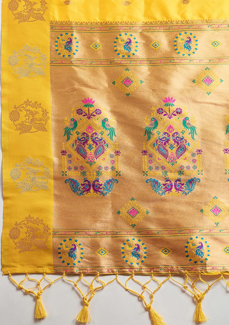 Yellow Motif Silk Saree Set - Indya