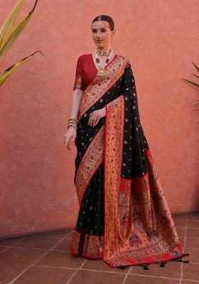 Black Motif Silk Saree Set